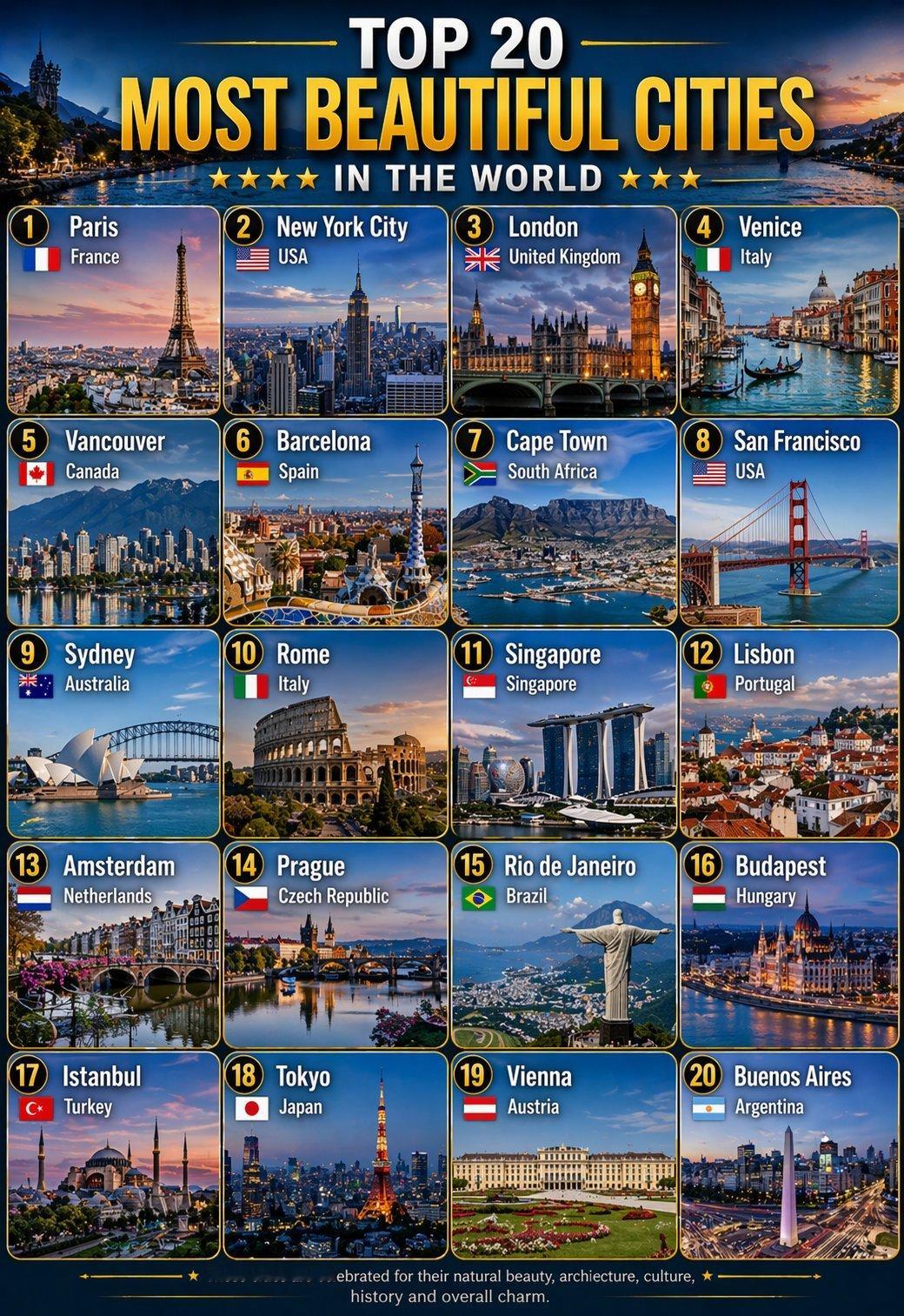 🌆全球最美的20大城市：①🇫🇷法国巴黎②🇺🇸美国纽约市③