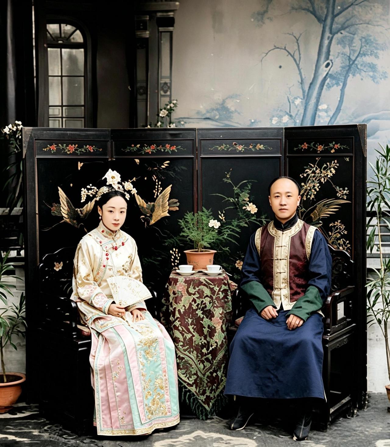这是醇亲王载沣与福晋幼兰。夫妻俩一辈子衣食无忧，却过得并不幸福。幼兰脾气刚烈火爆