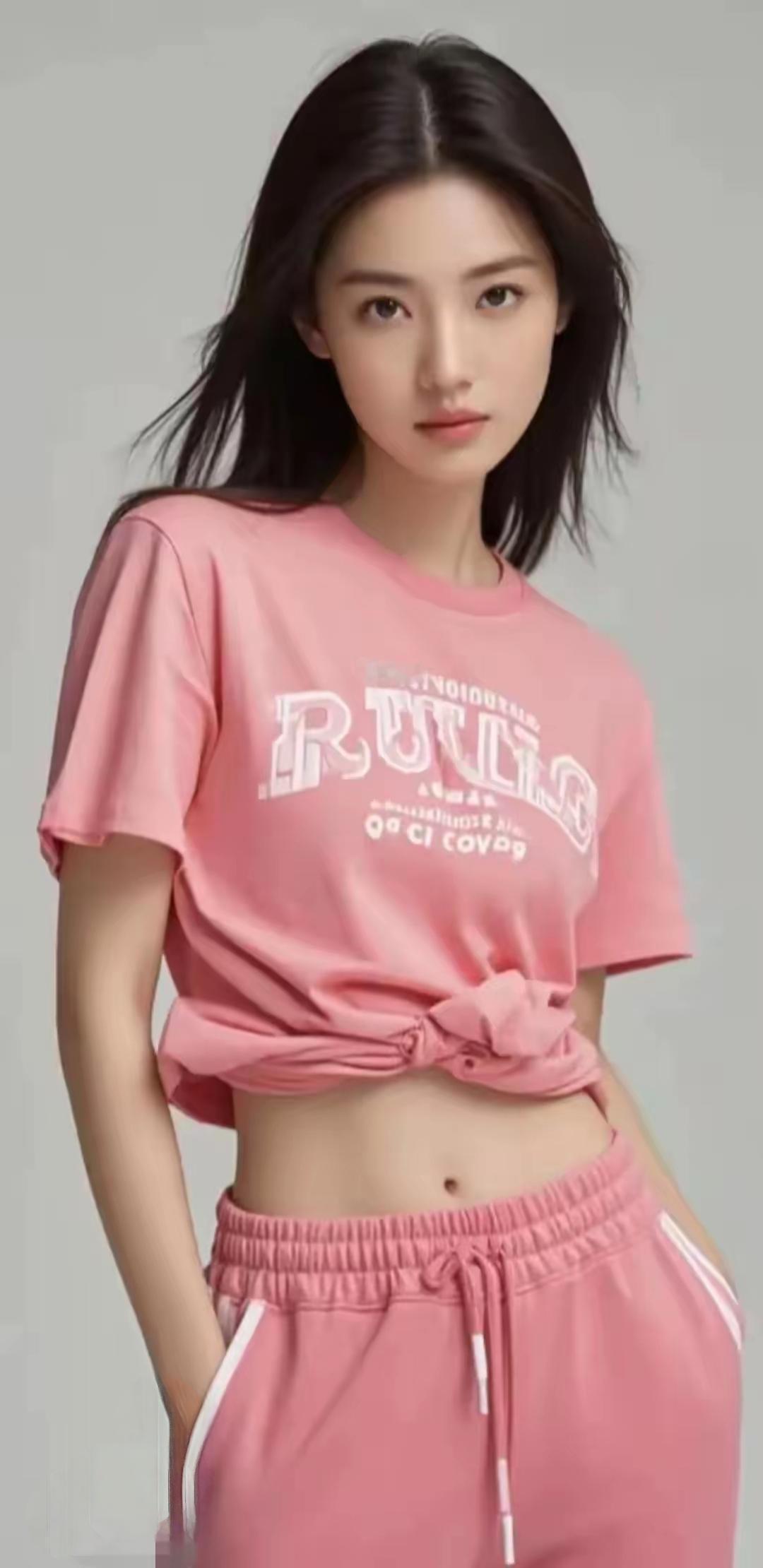 这位小姐姐穿着粉色运动套装，好时尚！