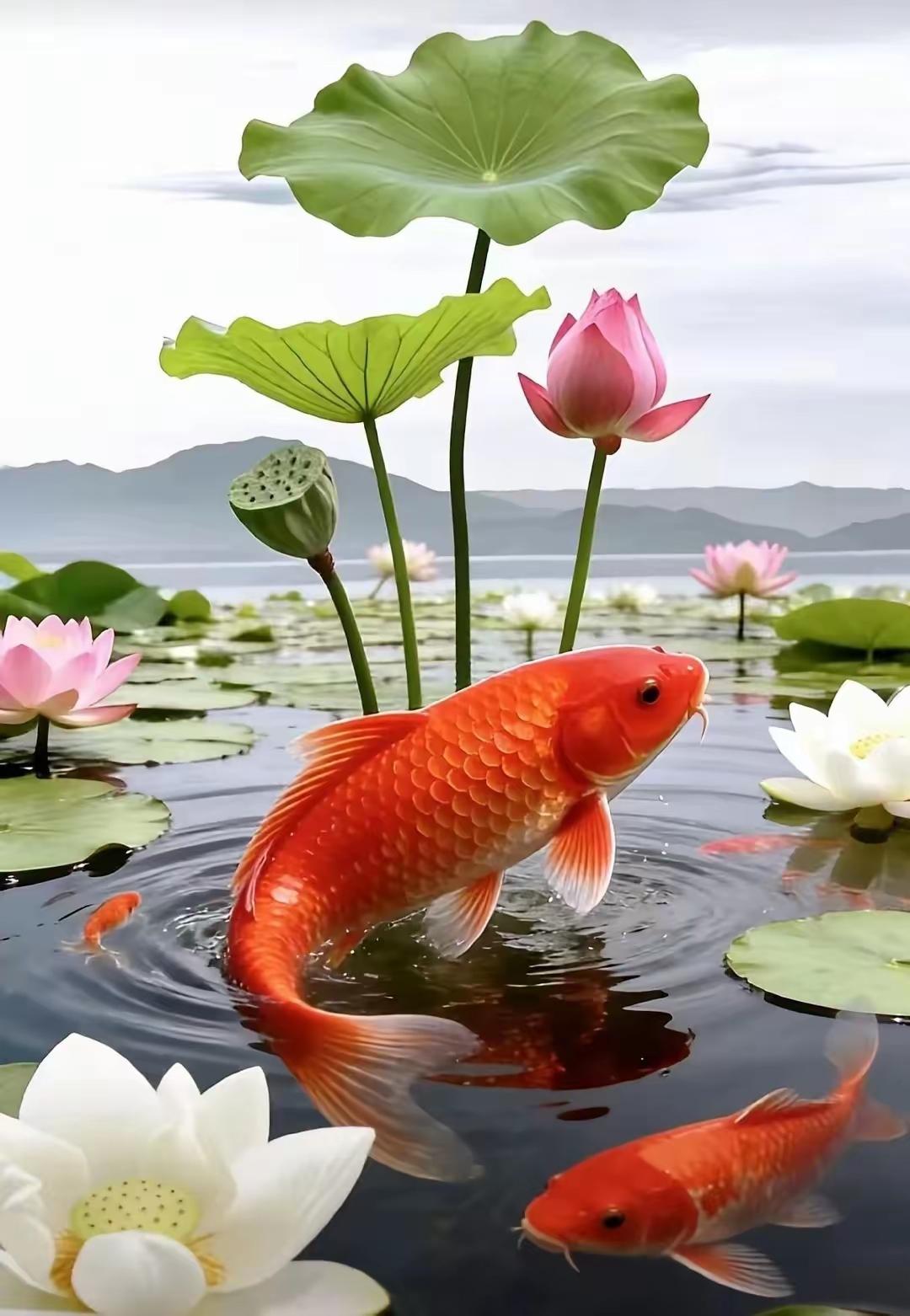 锦鲤戏水，荷香满溢，静享自然之美。