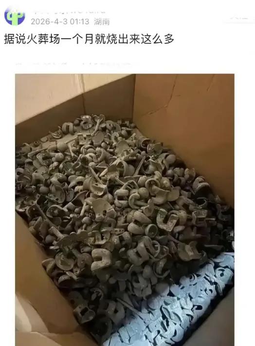看着火葬场里烧出来堆成小山的钛合金关节和钢板，很多人第一反应是：“这得值多少钱！