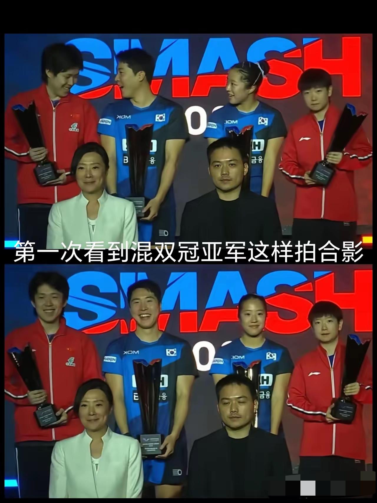 这回的混双合照有点不同！以前大合照都是冠军两人站一边，亚军站一边，可是，这次