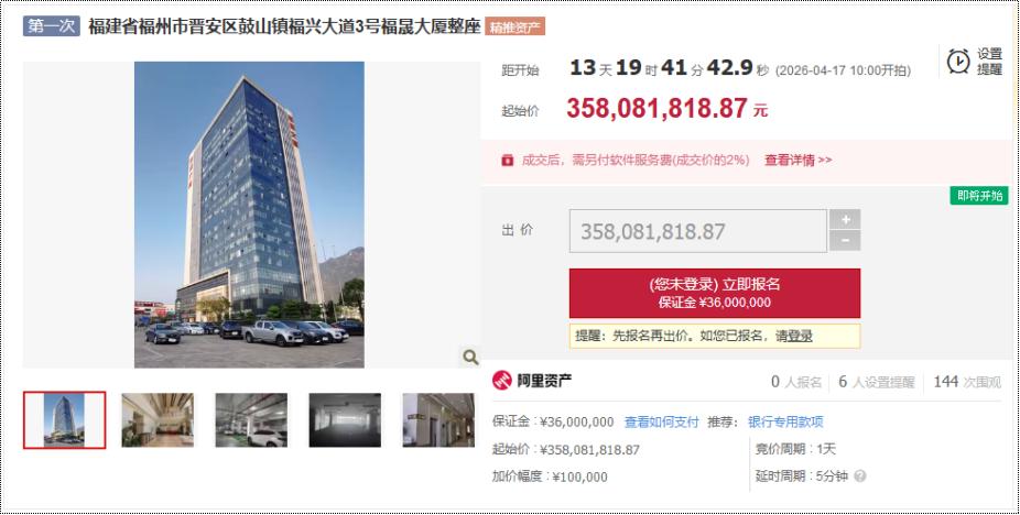 起拍价3.58亿！福晟大厦再次被标价拍卖！日前，位于晋安鼓山镇的福晟大厦再度