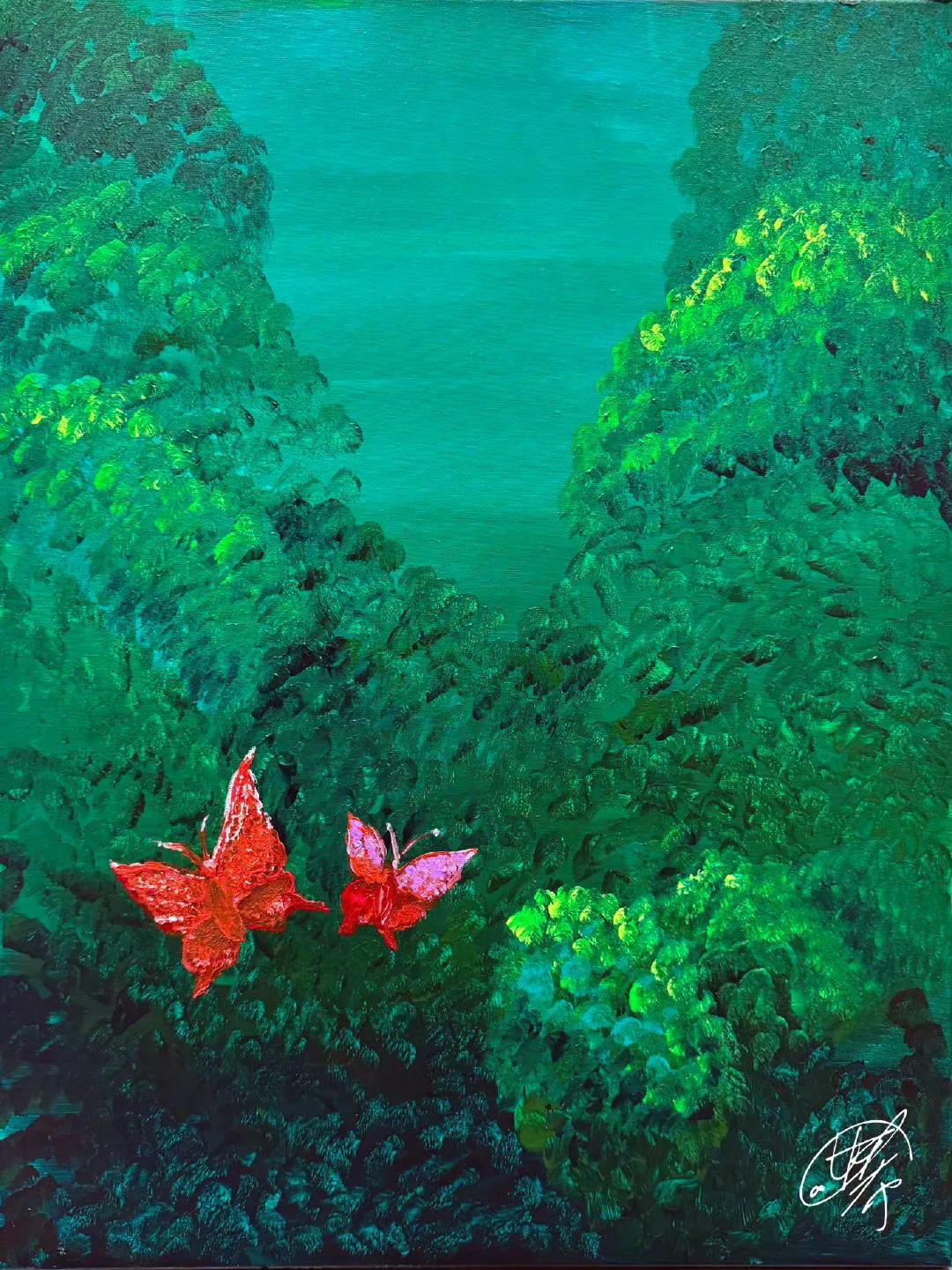 没想到《狙击蝴蝶》海报上的这三张油画居然是陈妍希自己画的，三张完全是不同的意境，