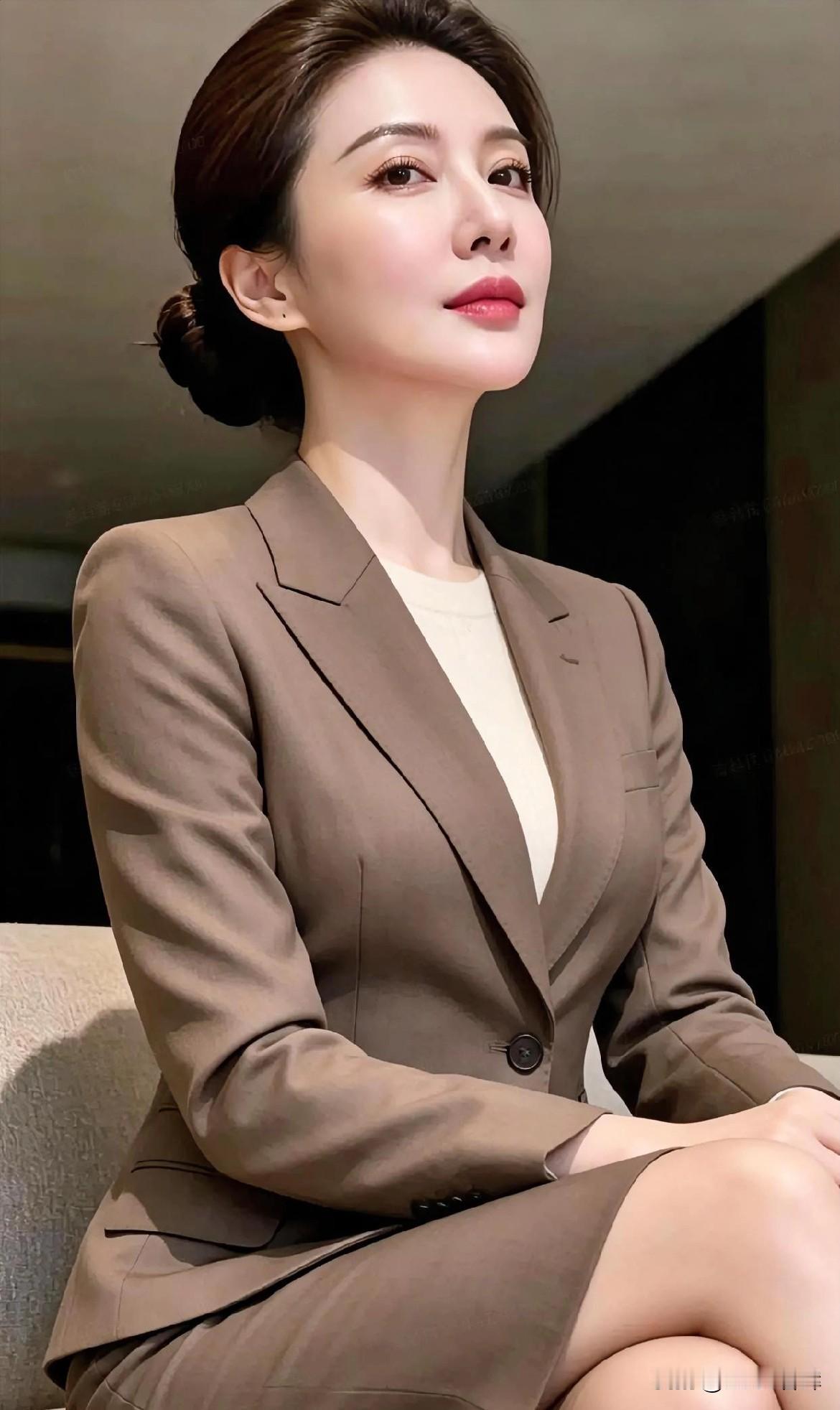 西装挺括，裁出干练的形。发髻温婉，挽住时光的静。目光沉静，映着内心的笃定。