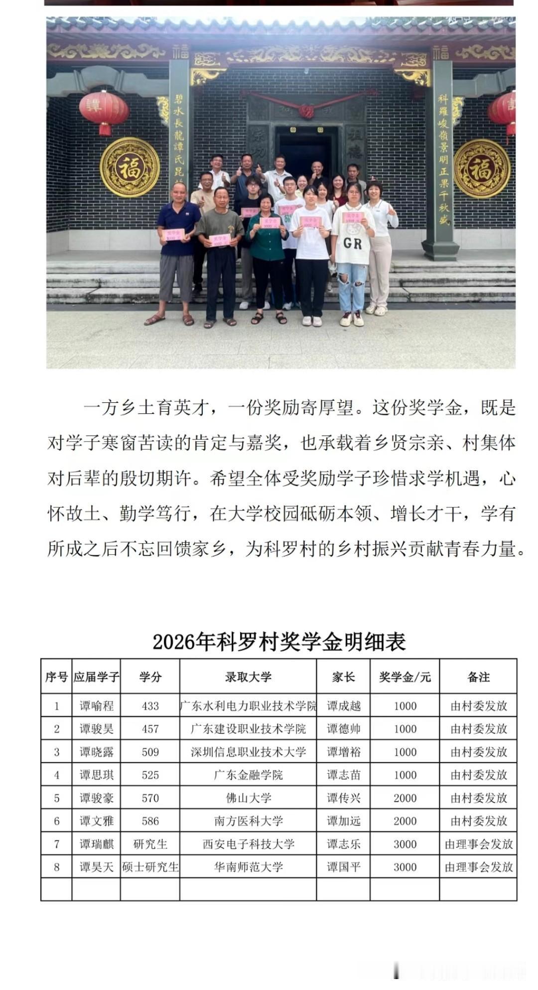 韶关市科罗村委为2026年考上大学的学生发奖学金，本科线上1000元、特控线上2