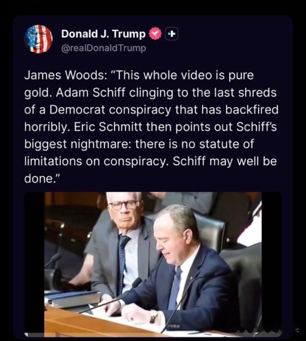 川普转发JamesWoods的言论，称adamSxhiff要完了。Jame