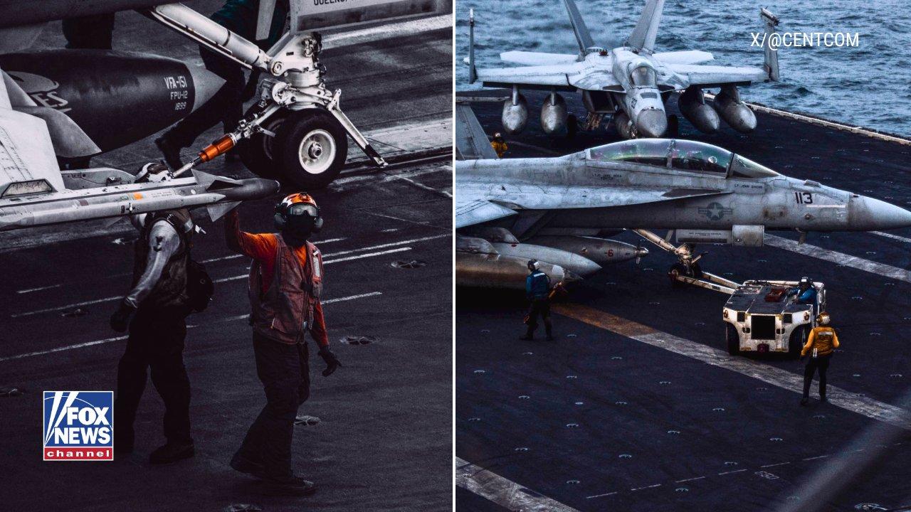 新闻快讯——美军“林肯”号航母F/A-18战机准备夜间作战“史诗之怒”行动夜色