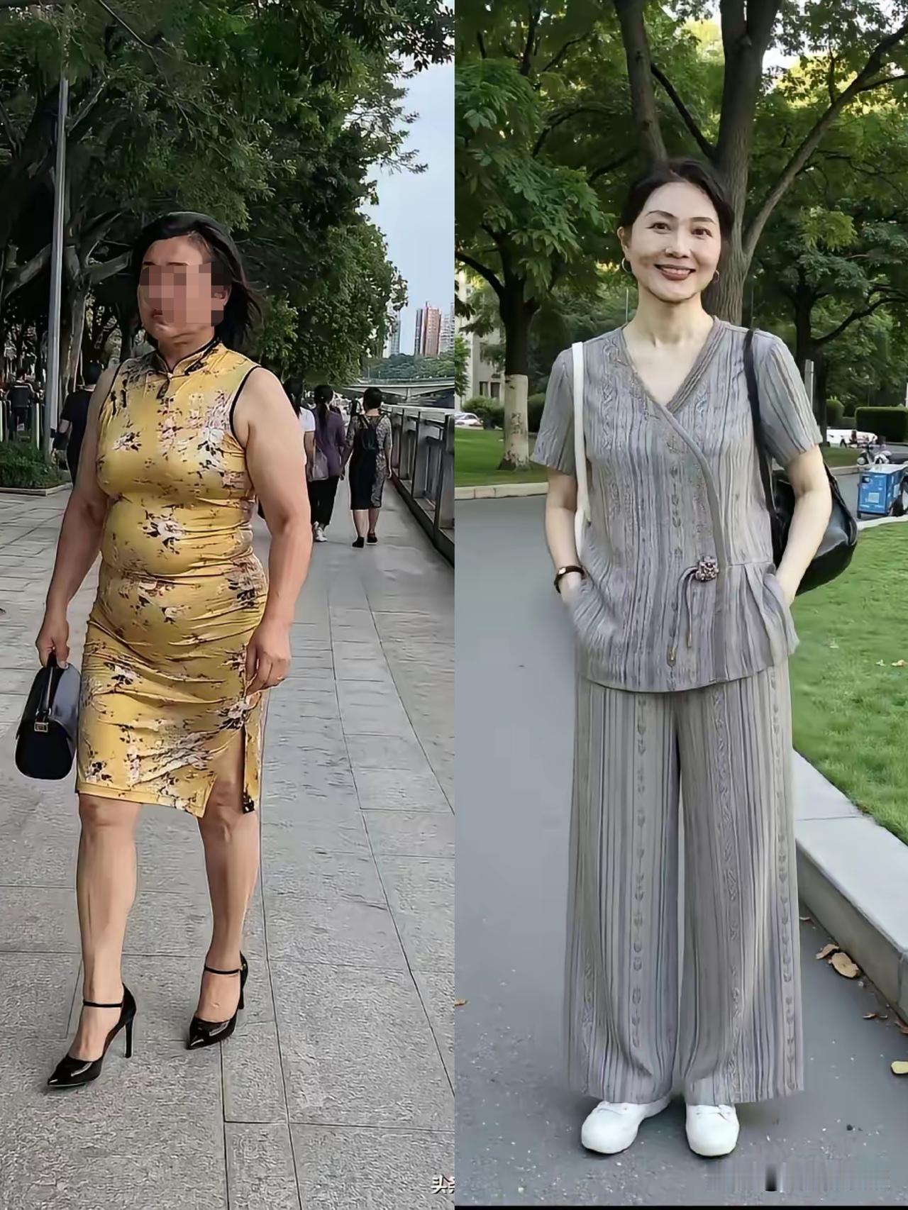 审美真的是女人的第二皮囊。这两张图摆一起反差太戳人了，同样是中年女性，拍出