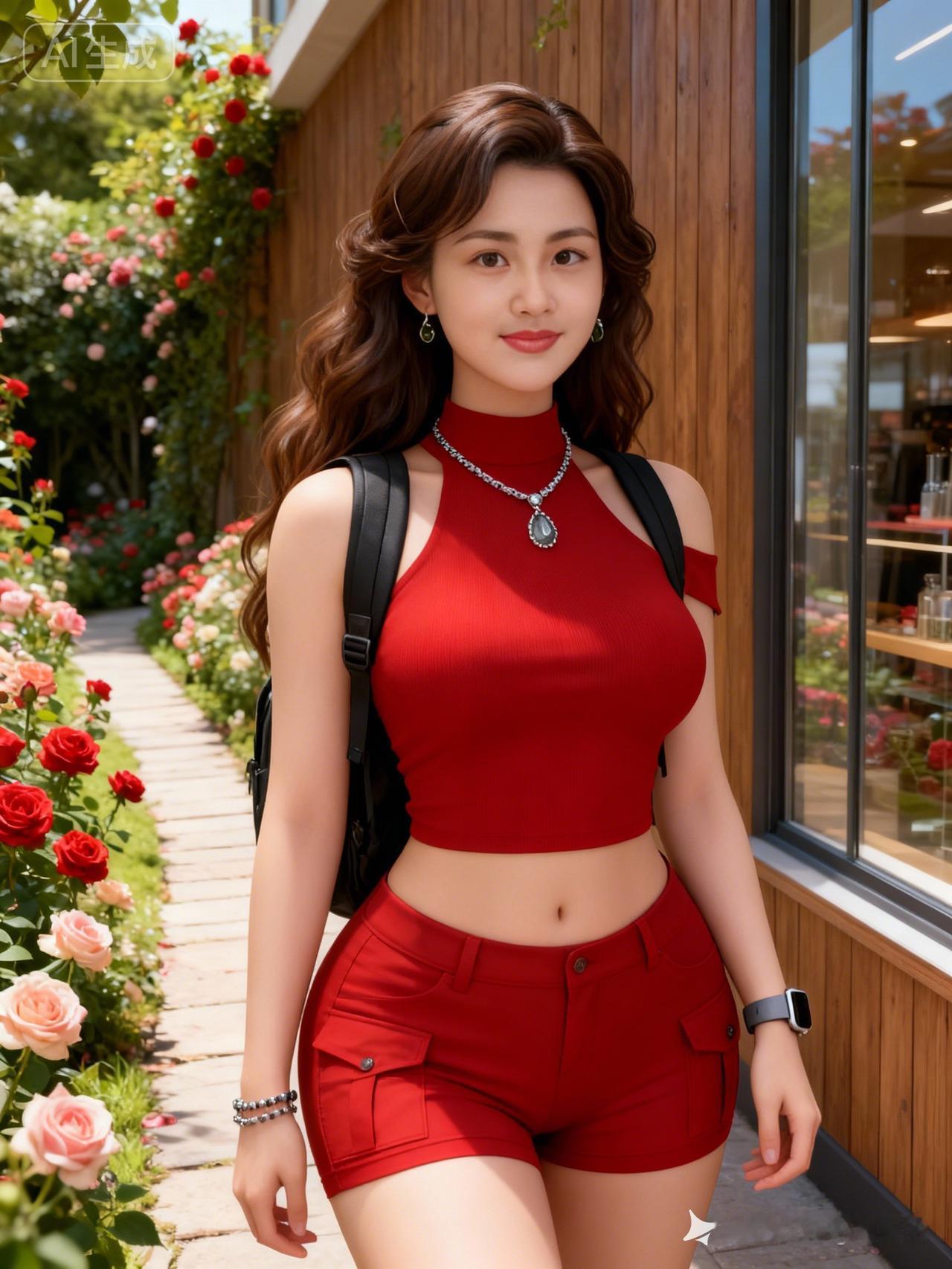 穿红色套装的妹子在花丛中。