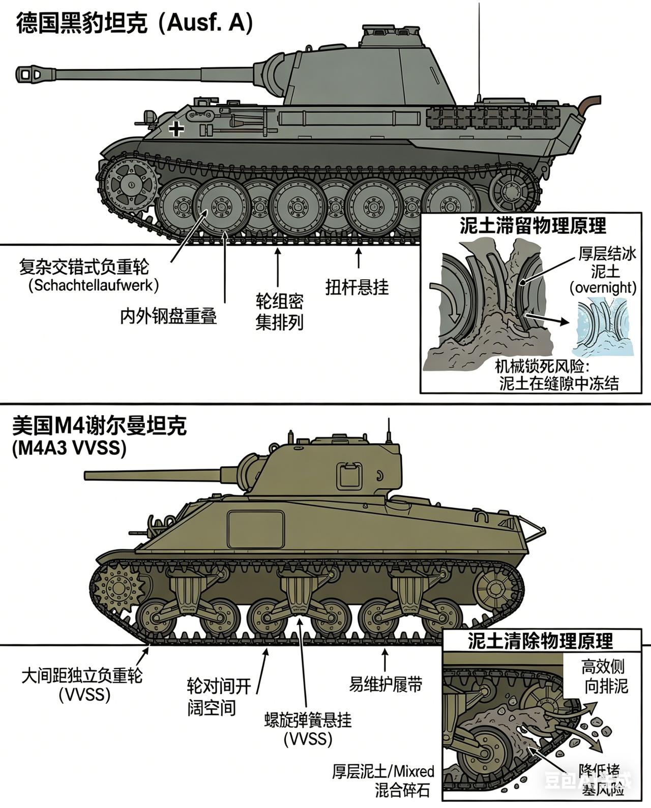 一张图看懂二战坦克悬挂的两种极端思路：德国黑豹的交错负重轮，和美国谢尔曼的大间距