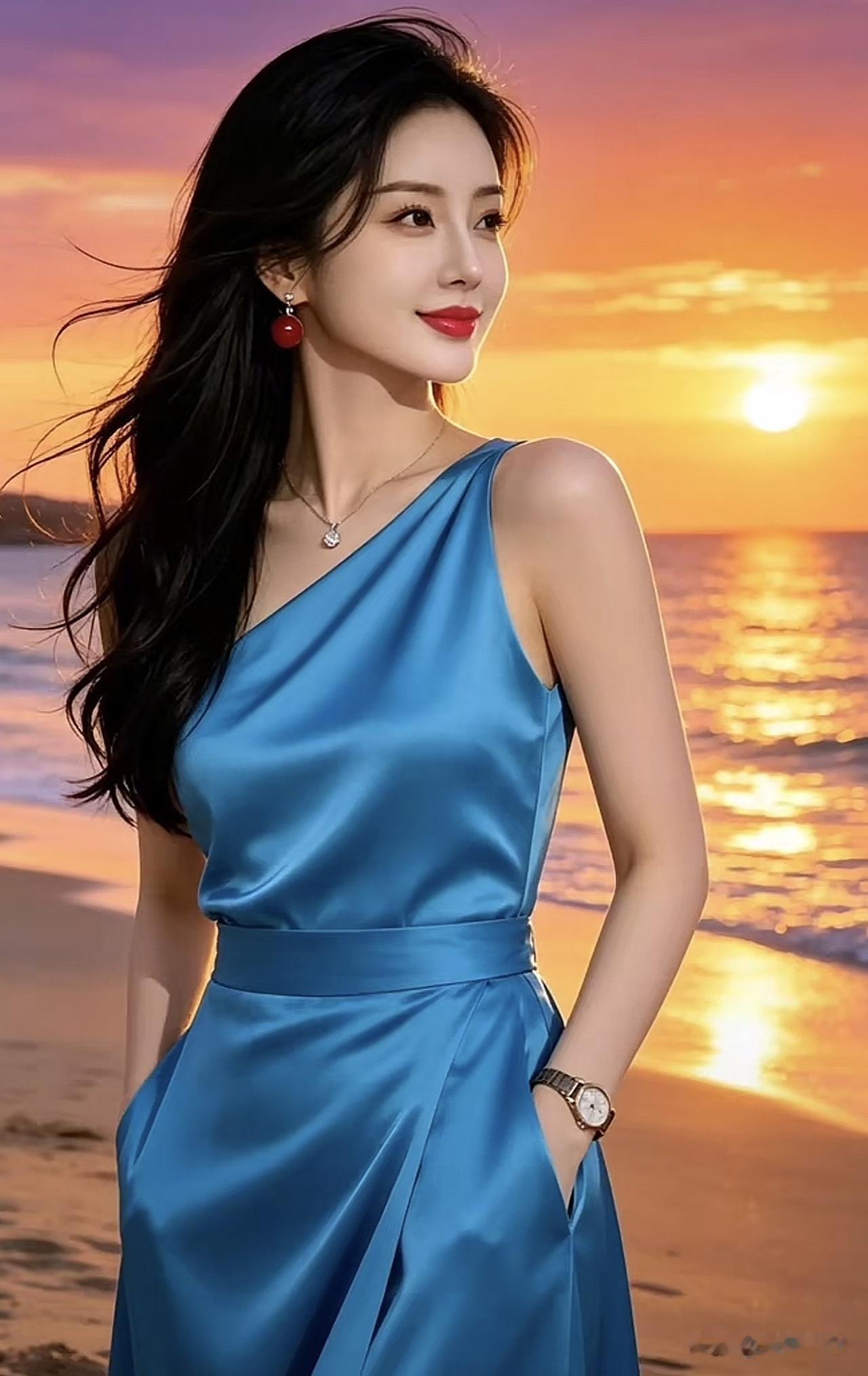 夕阳下的海边，优雅蓝裙，惊艳红唇，美丽动人。淡雅蓝裙照海边红裙大片海边白裙随