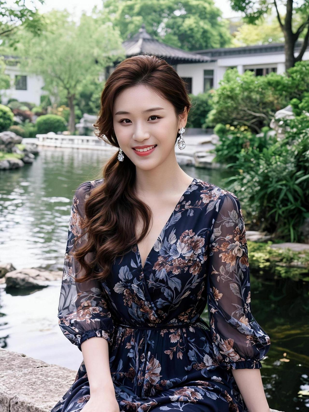 在斑驳的树影下，碎花裙与古典建筑交织出一幅静谧的画卷。湖面如镜，倒映着她的微笑，