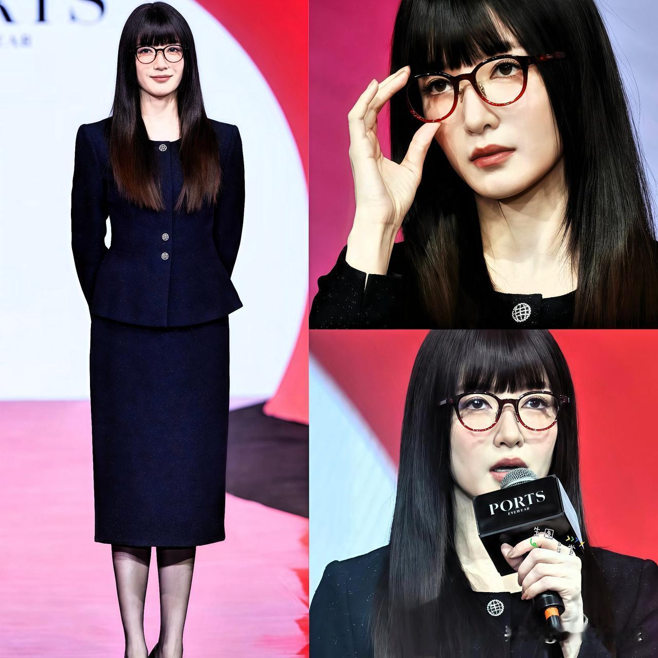 你敢信？这居然是江疏影也太漂亮了吧齐刘海、黑框眼镜、黑长直，再搭一身黑色