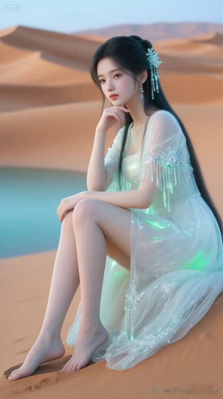 无垠黄沙绵延天际，一袭飘逸仙裙少女静坐沙丘，细碎绿光萦绕周身缓缓流转。晚风轻拂裙