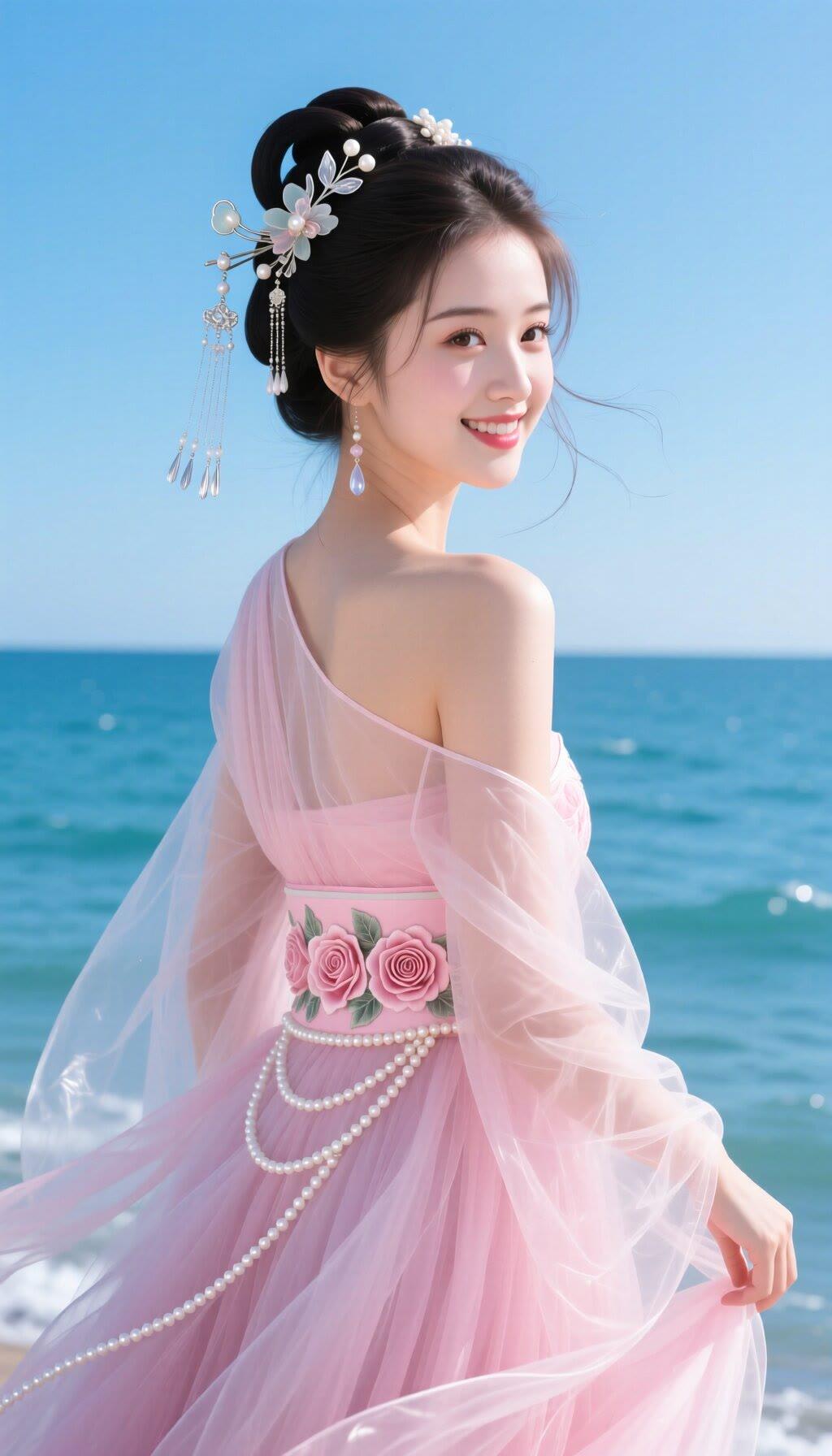 海边粉色公主裙，甜美笑容，梦幻海风