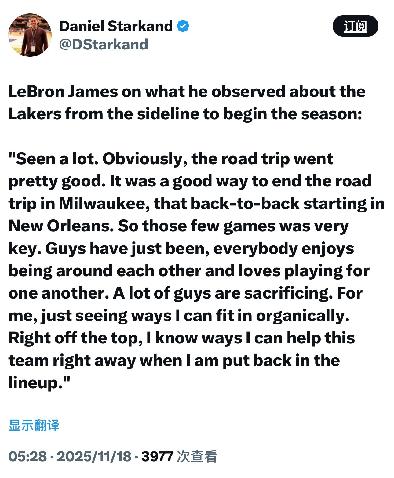 詹姆斯谈赛季初在场边观察湖人比赛的感受：“我看到了很多东西。显然，这次客场之旅打