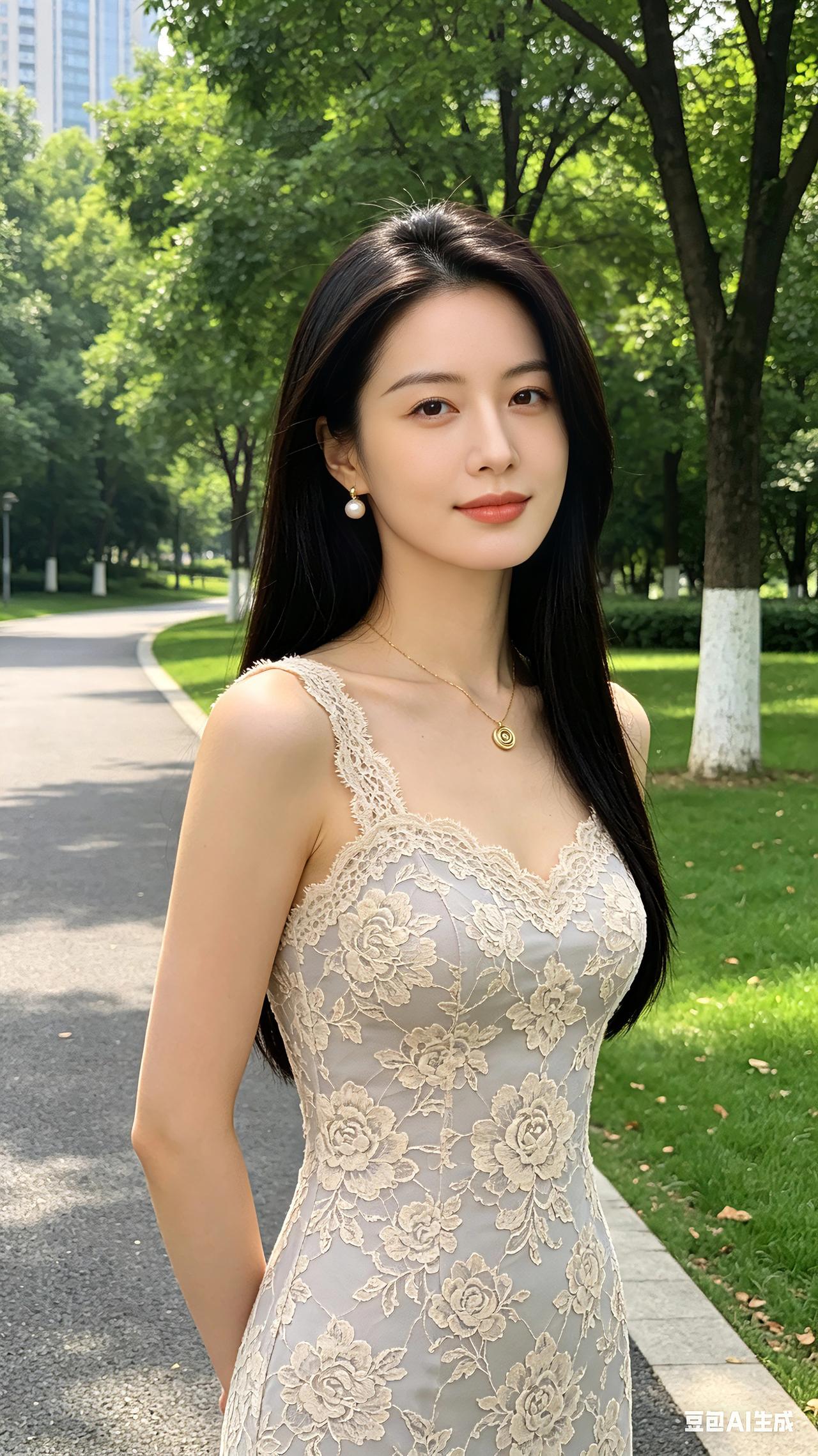 林荫小径清风漾，长发姑娘气韵扬。身着一袭蕾丝裙，珍珠耳坠泛微光。神色从容