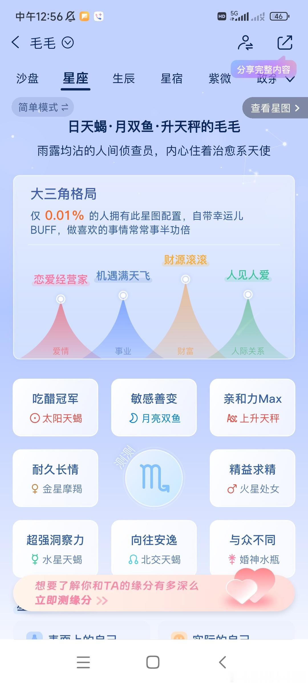 我本来想了解一下青春期怎么跟娃相处，就给他测了星座，是这个什么“大三角格局”，貌