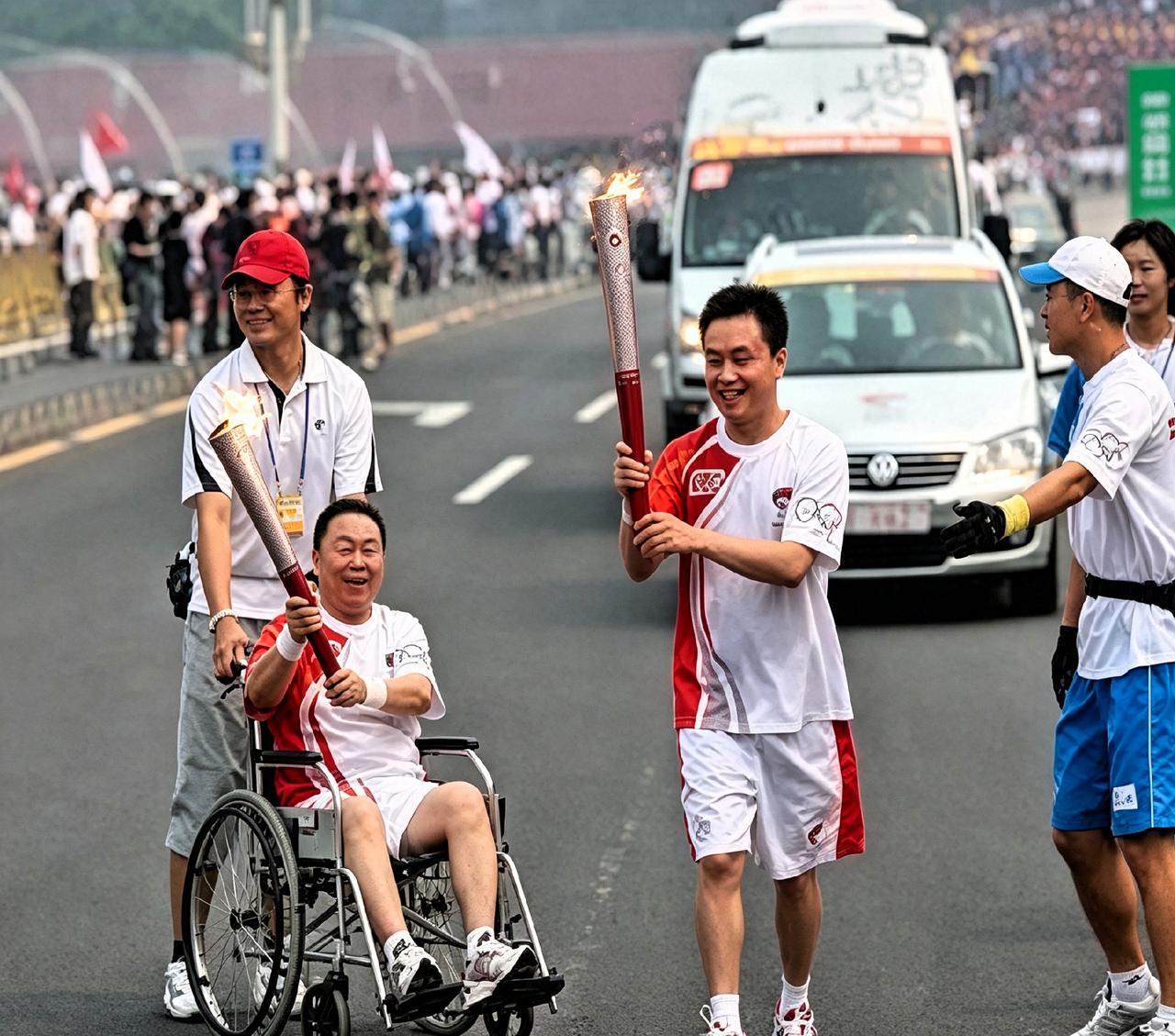 曾婵贞坐在轮椅上，把火炬传递给儿子黄光裕，这是08年奥运传递的瞬间。那阵子国美多