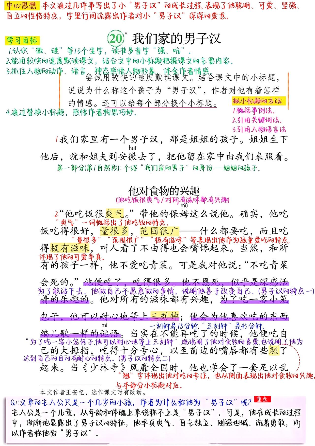 四年级下册语文，第20课《我们家的男子汉》课堂笔记，收藏复习三年级语文