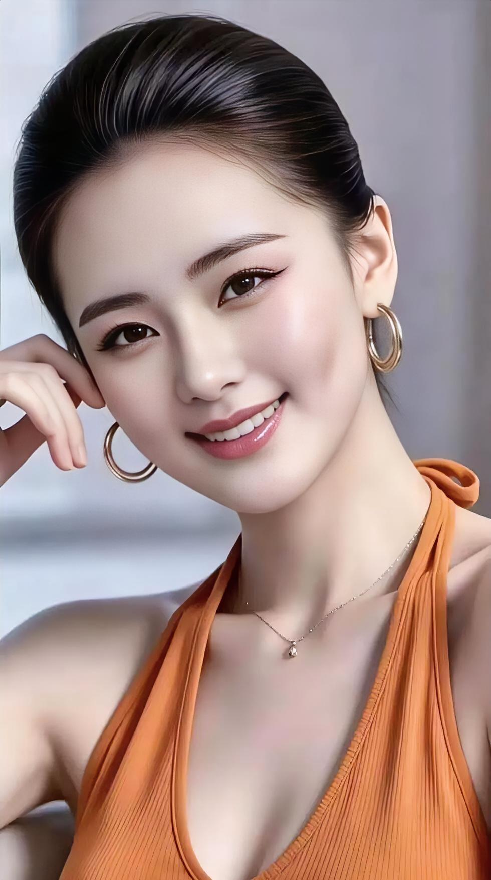 橙色挂脖衫，衬出满满的活力，金色圆环耳环，摇曳着自信的光芒。你手托香腮，