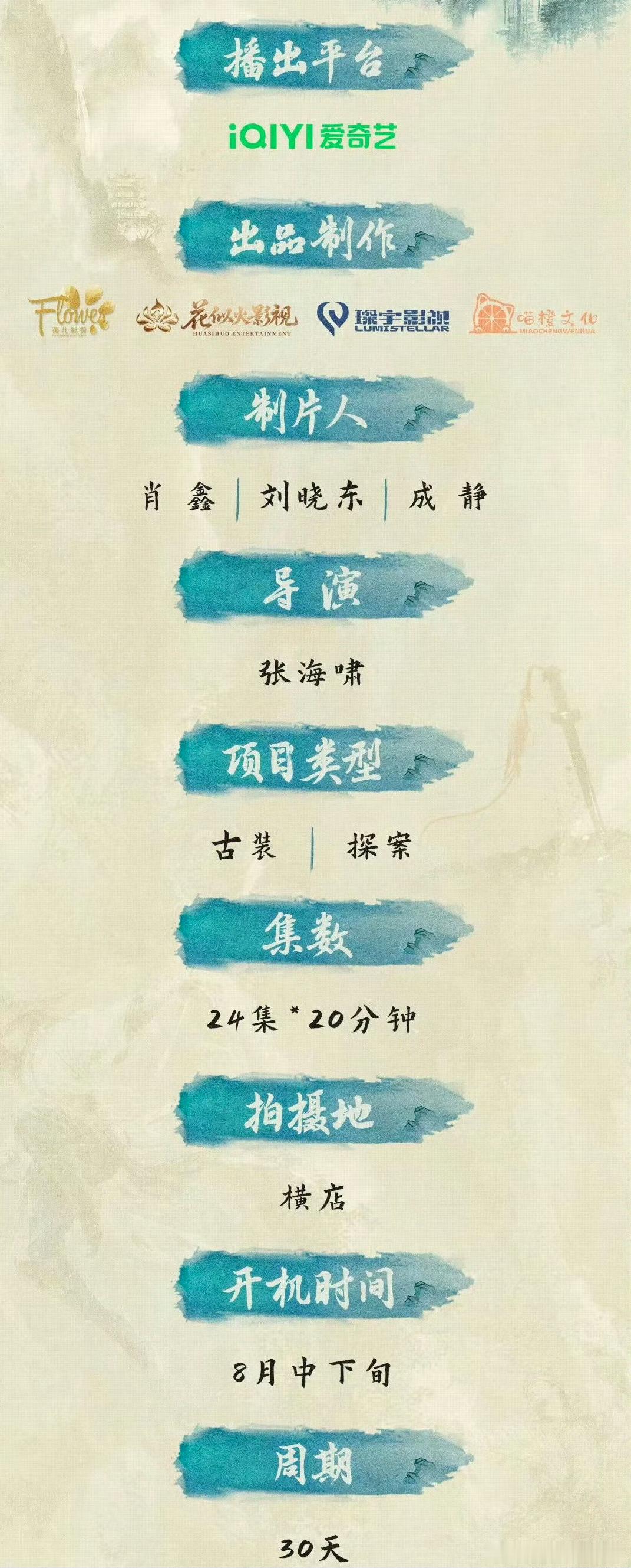 爱奇艺古装剧《江湖有个云岫阁》主演朱正廷导演：张海啸《雁回时》题材：古装/探案