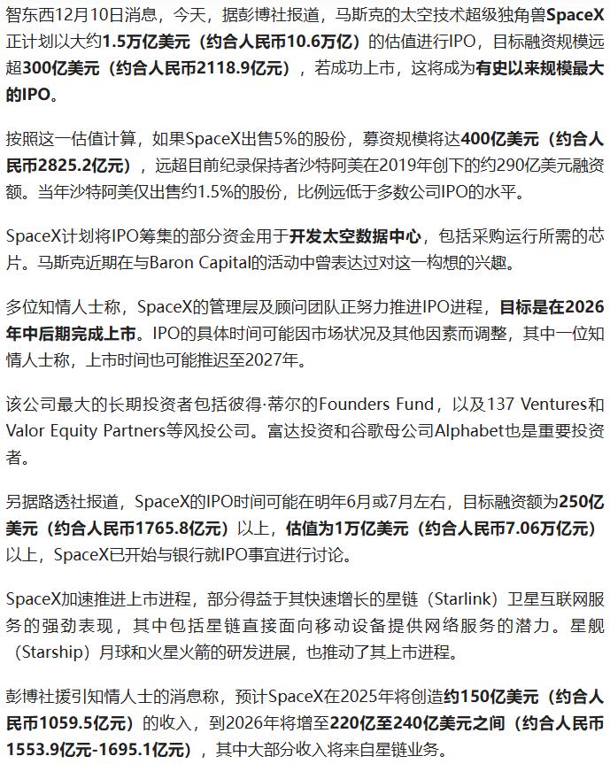 1.5万亿美元估值、超2800亿人民币募资！马斯克的SpaceX正冲刺