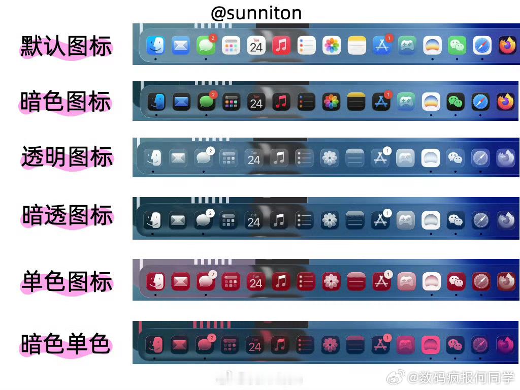 macOS26（Tahoe）升级之后，系统图标有六种样式可选了，如果再算上单