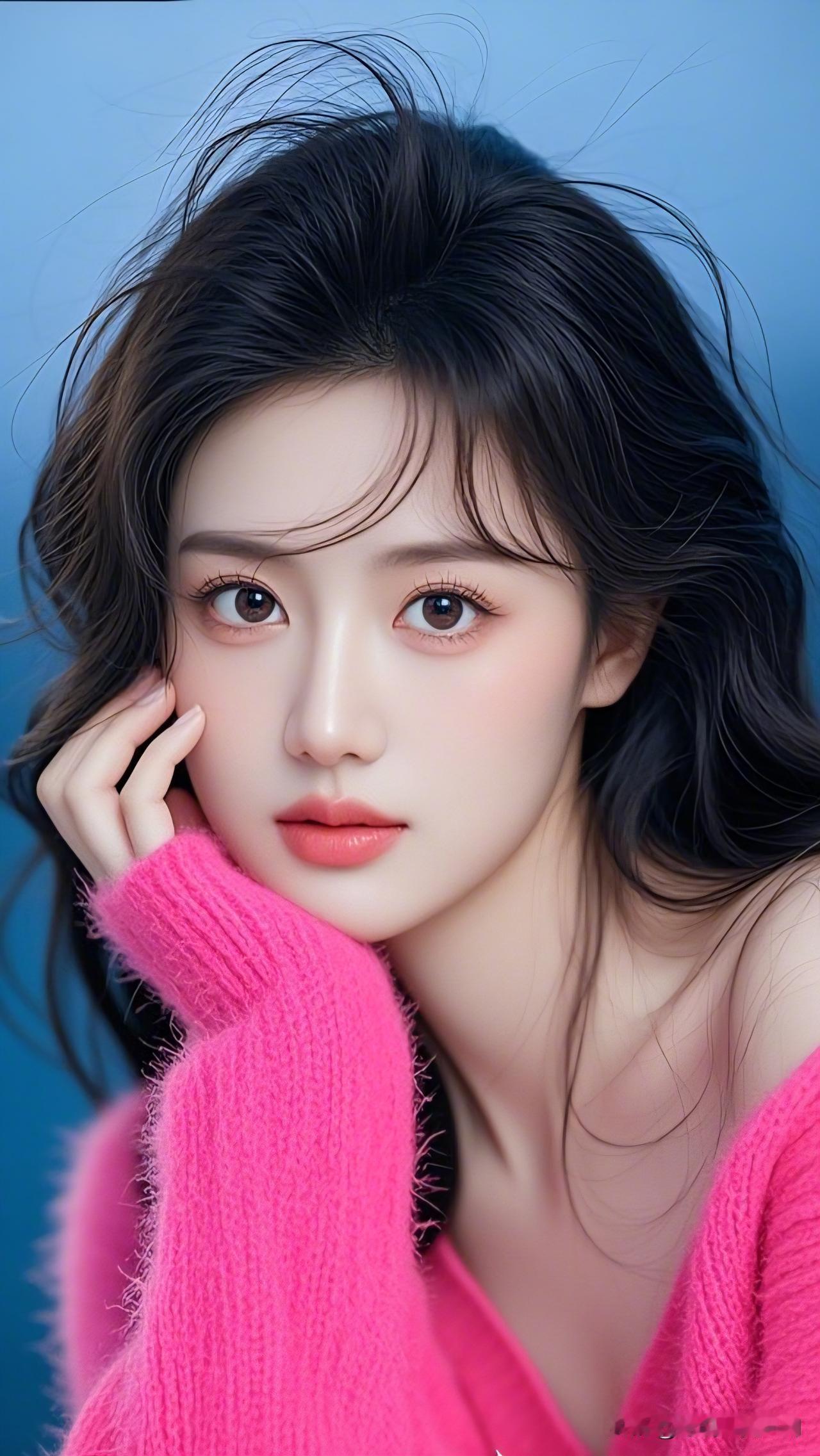 温柔甜美的少女，粉色毛衣搭配自然妆容，元气满满！💖✨你是喜欢风情万种，还是温柔