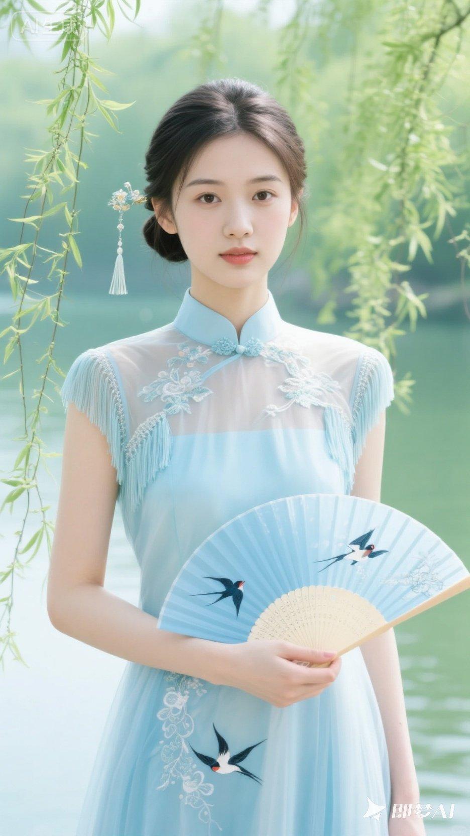 古风少女，轻纱薄衫，手持团扇，韵味十足。