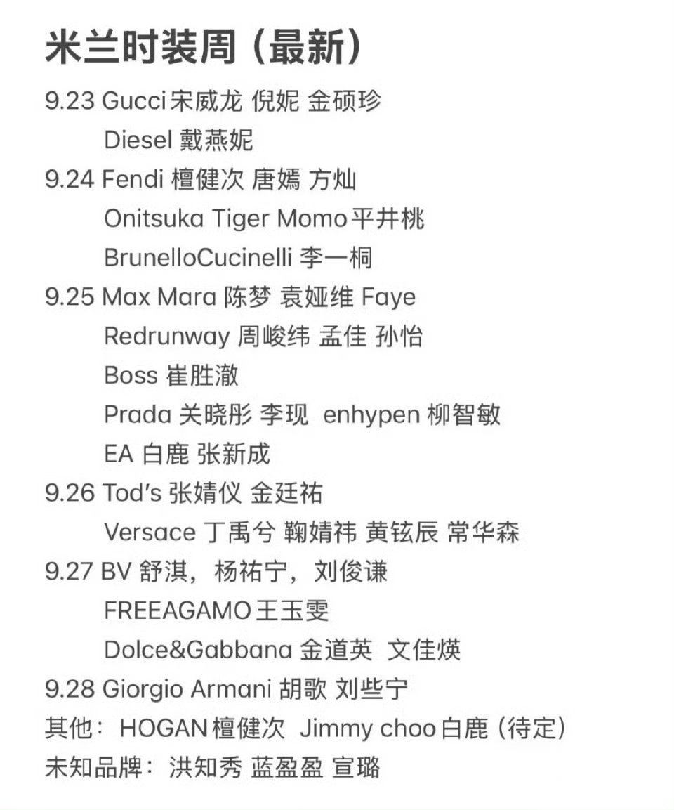 米兰/巴黎时装周名单🈶中韩艺人出席名单及看秀时间​​​好多好多人