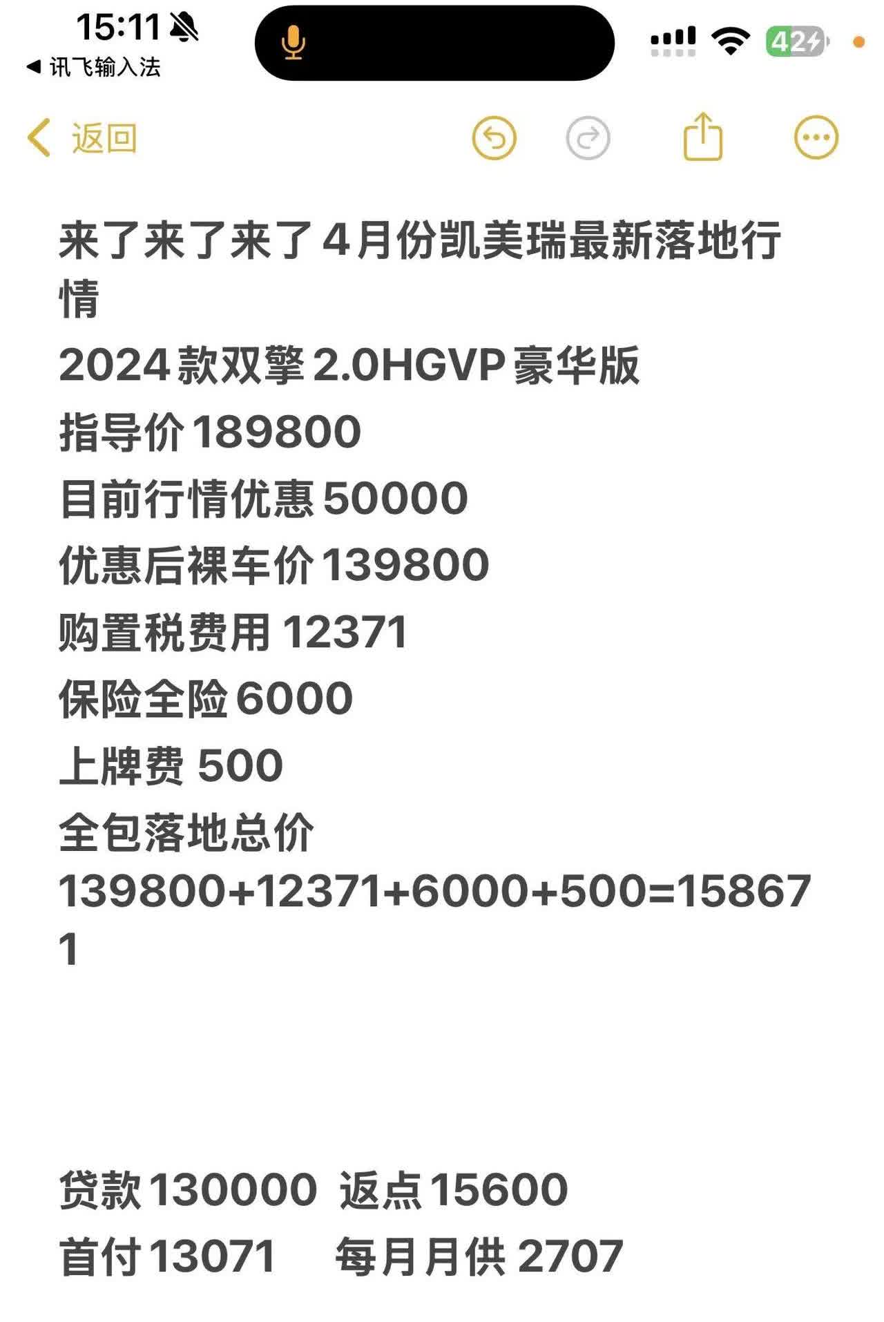 4月份凯美瑞最新落地行情。