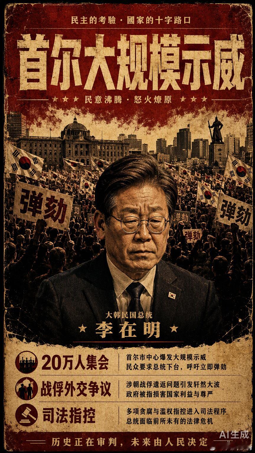 首尔开天节这场20万人的大集会，表面是保守派要求弹劾李在明，实则是他外交战术误判引发的连锁崩塌。把朝