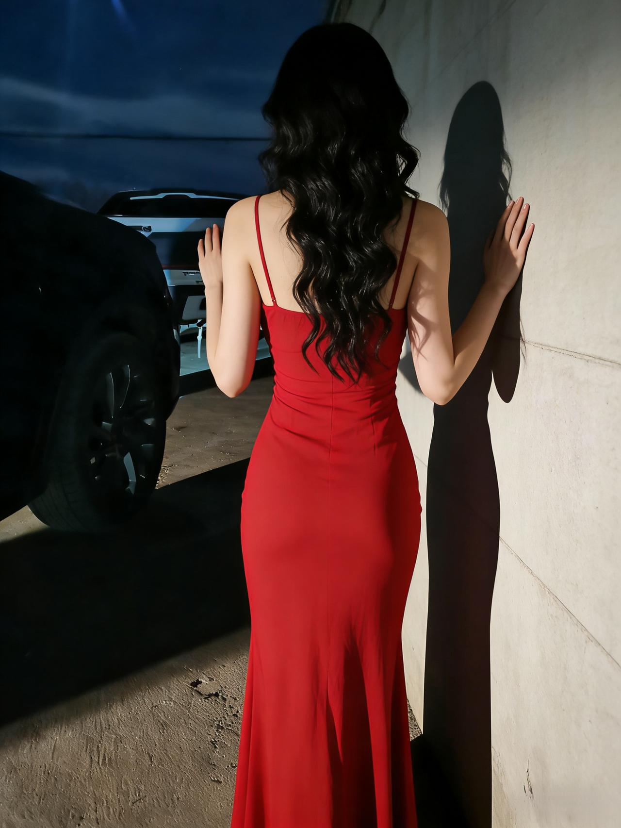 红裙是泼在夜色里的火吊带细得像月光的丝线如霞光包裹娇弱的身躯也裹住了整个黄