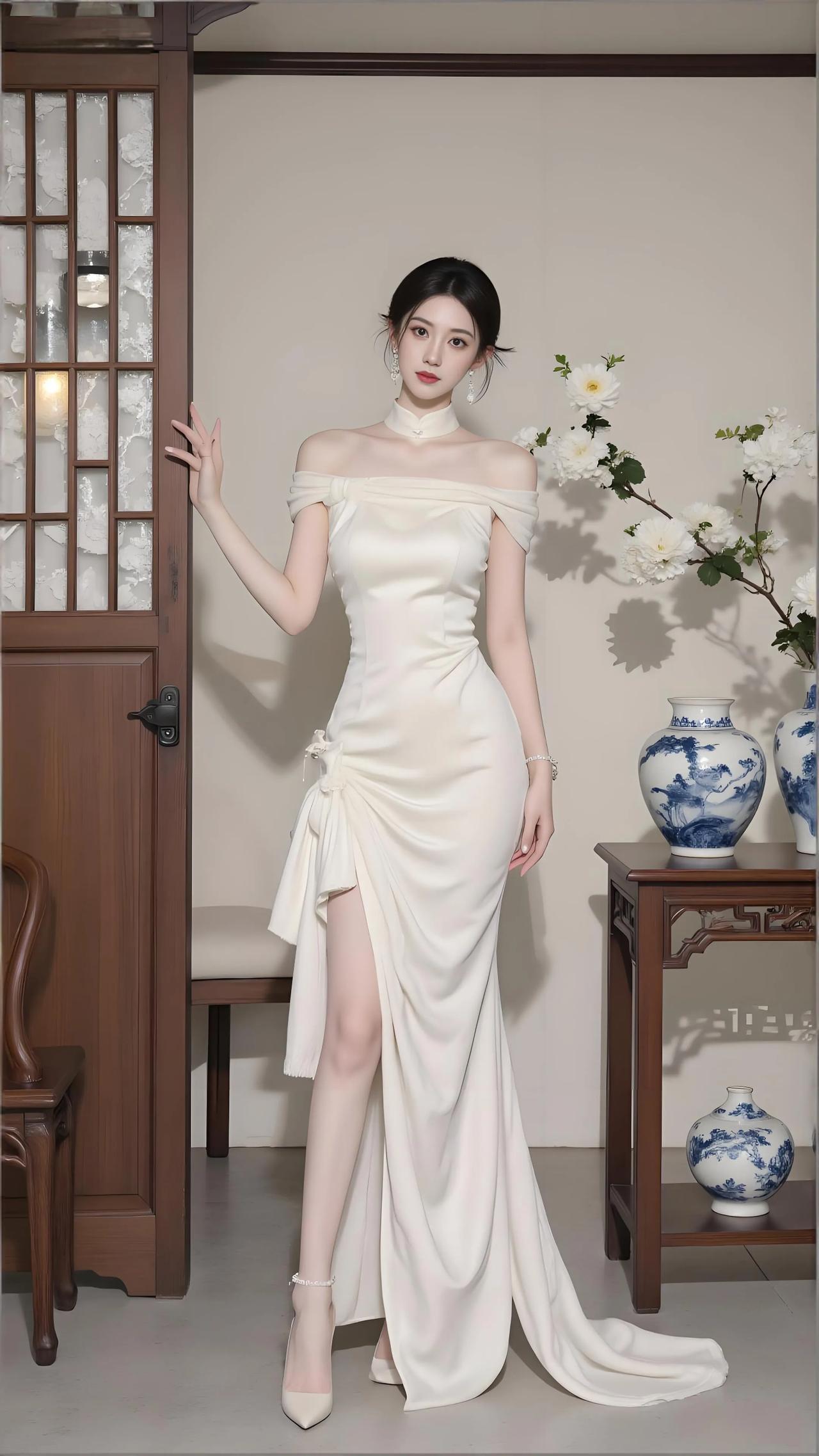 青花几案白菊繁，露肩旗袍倚画轩。朱门半启风姿现，旗袍裹身似凝烟。弧墙淡墨