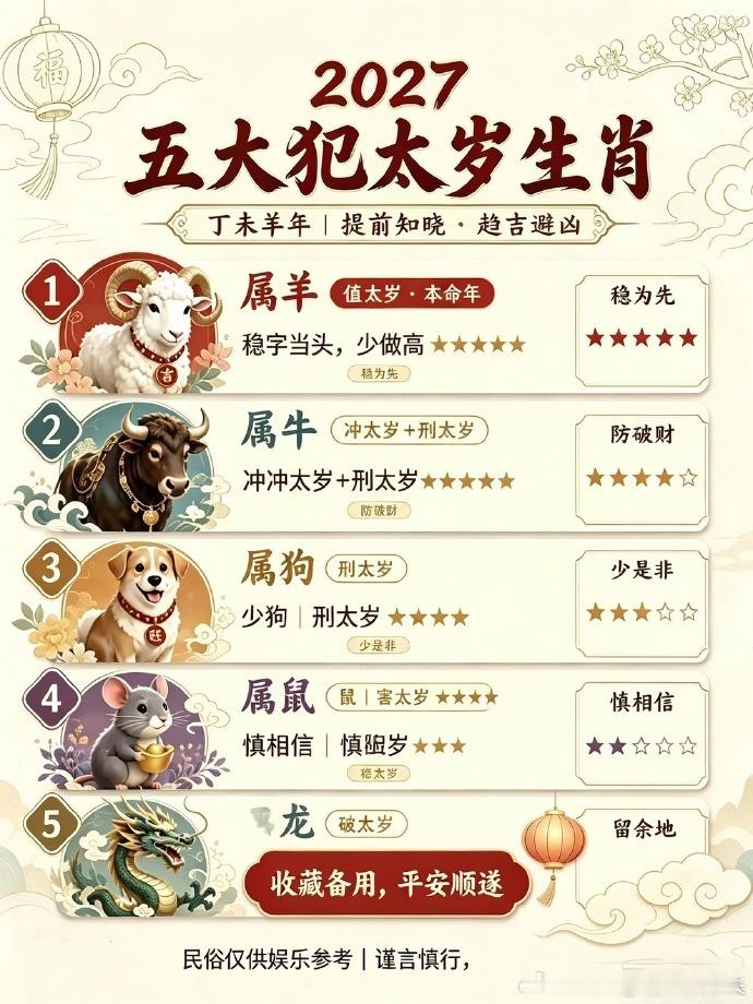 2027丁未羊年｜五大犯太岁生肖提前收好马上就要进入2027丁未羊年🐑这五个生肖在新一年运势波动偏