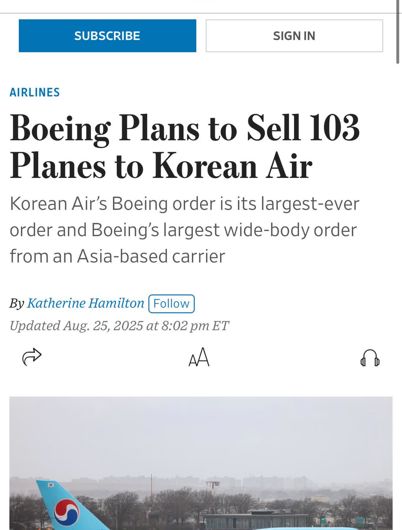 大韩航空近日宣布确认其历史上最大规模的飞机采购订单，与波音公司签署协议，订购总计