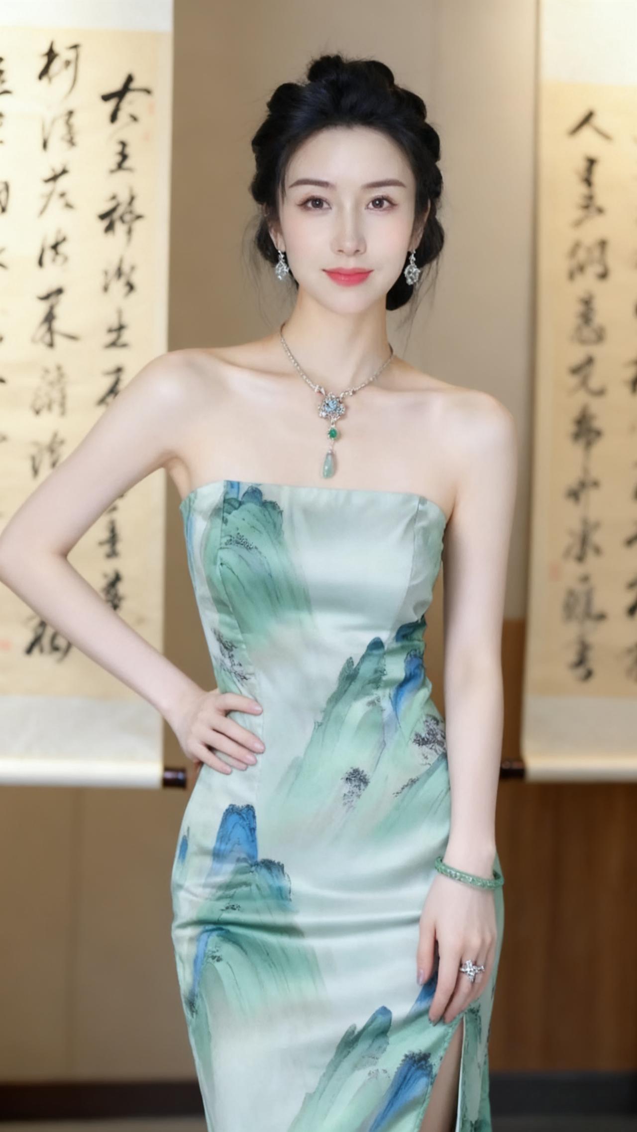 绿色山水复古花纹的抹胸裙，古诗词画卷的背景，令人感觉到人在画中，画在人中！