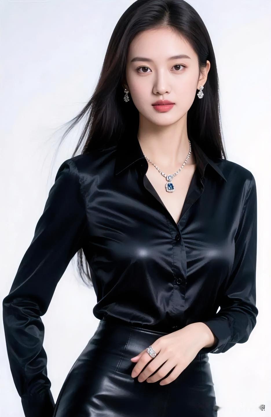 黑缎如夜，蓝宝石点缀锁骨，光影勾勒优雅轮廓，尽显沉静高级之美。
