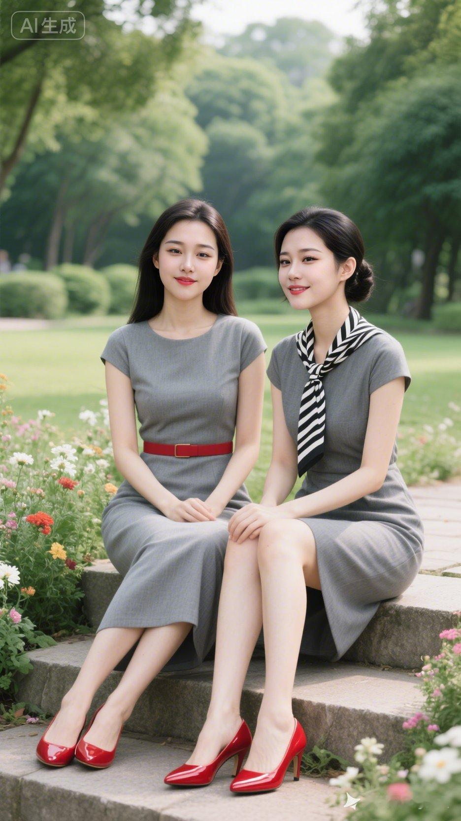 姐妹花公园约会，时尚穿搭显优雅！