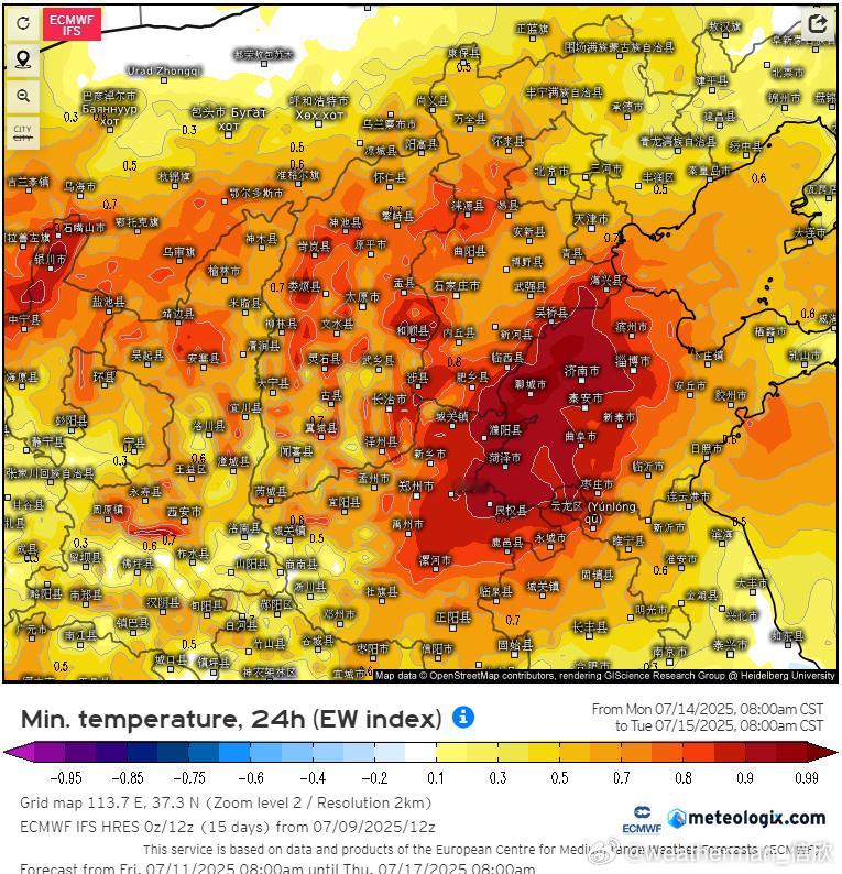 从目前预报看，7月15-16日，河南山东的一带的气温，无论是清晨最低，还是下午最