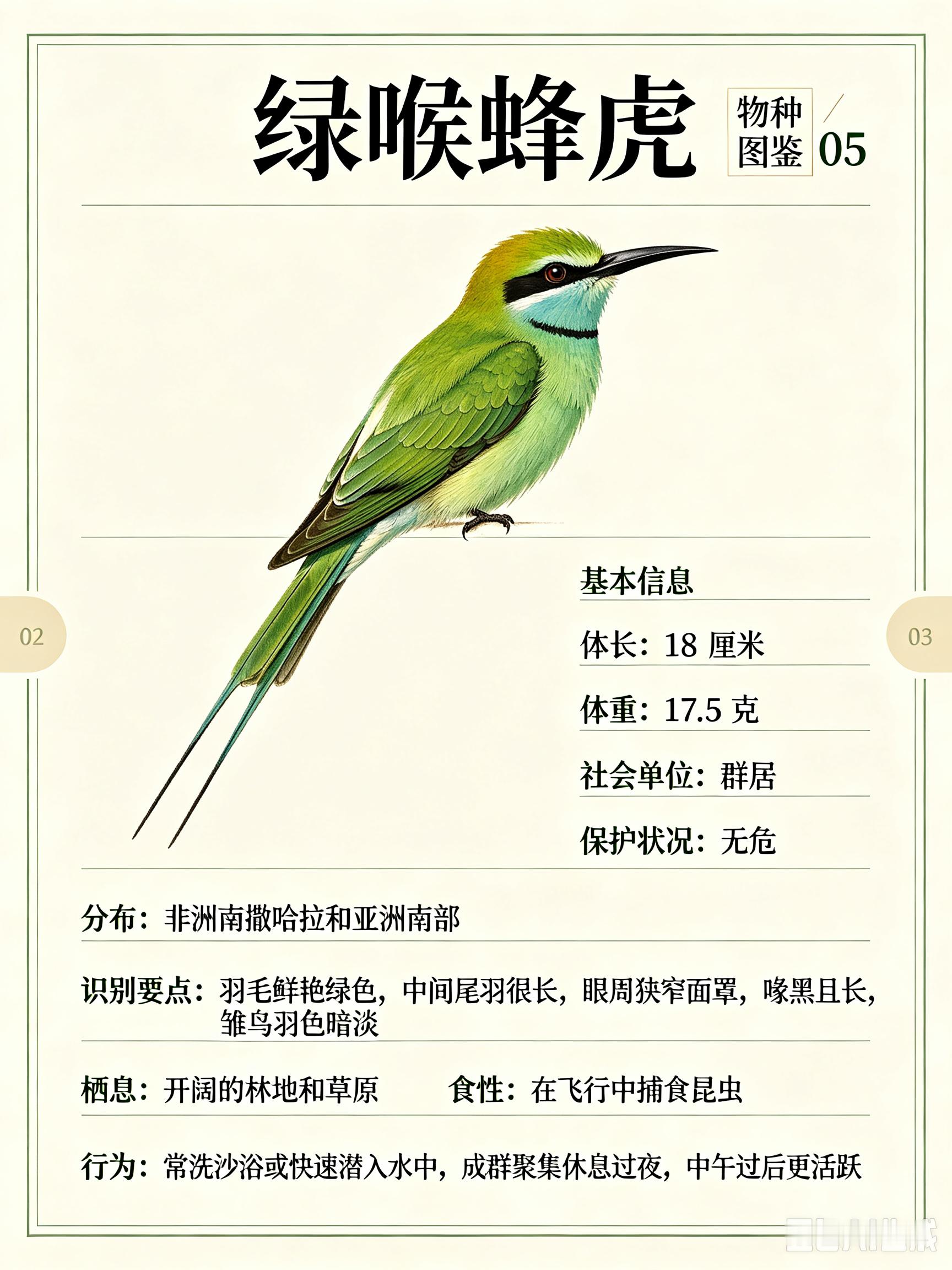 鸟类朋友图鉴绿喉蜂虎体长：18厘米体重：17.5克社会单位：群居保护状况：