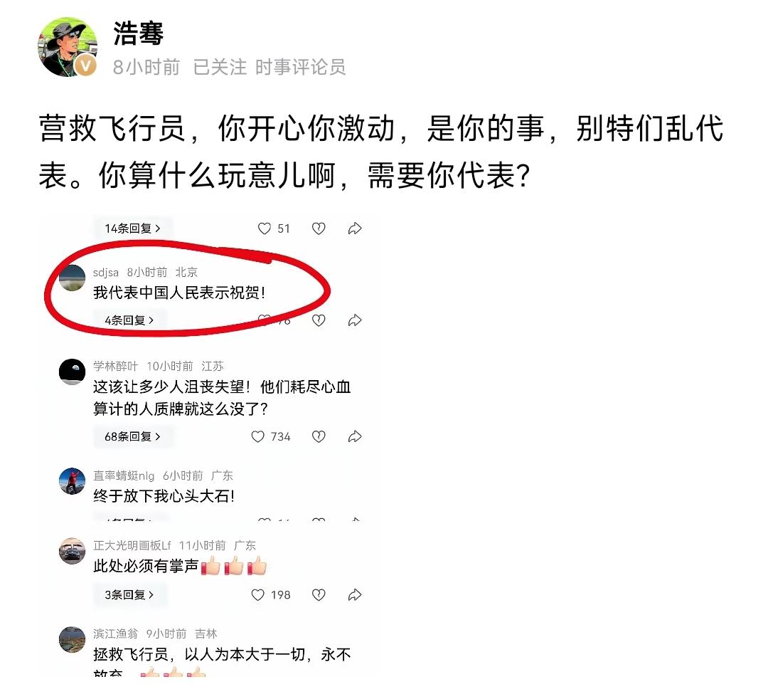 大V就怒斥了大殖子们，美军救个飞行员，看把这些东西嘚瑟的，还要代表全体东大人感谢