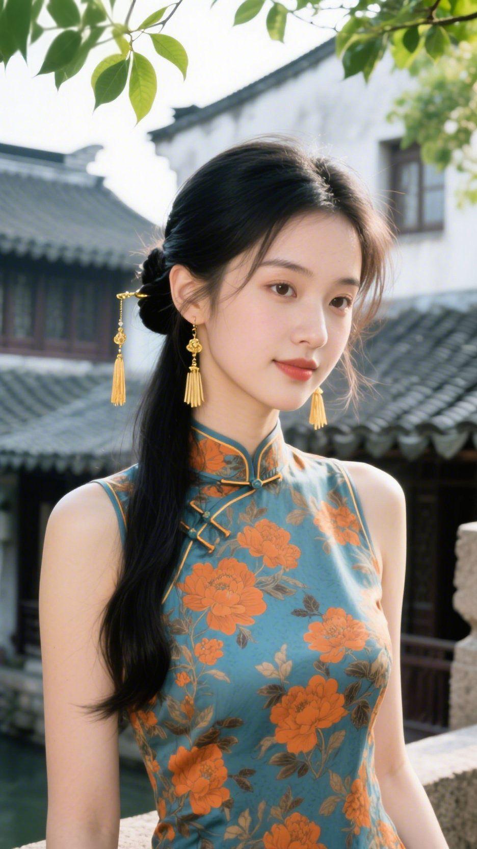  江南古镇春景行晓风轻拂江南岸，晴光初照古村前粉墙叠影涵清晓，黛瓦