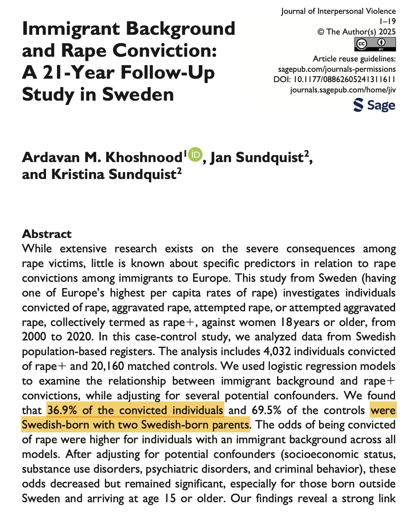 瑞典是欧洲强奸率最高的国家之一。但这篇2025年发表的研究强奸犯的论文被瑞典政府