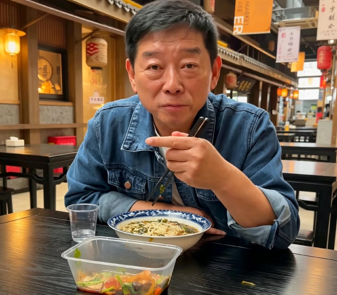 刷到魏建军在山西平遥吃面。牛仔外套一穿，坐小摊上呼噜噜吃酸菜面。没前呼后拥，吃得
