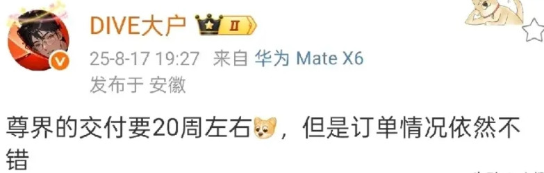 据大V爆料，尊界S800的交付周期约为20周，不过其订单量依旧相当可观。按照