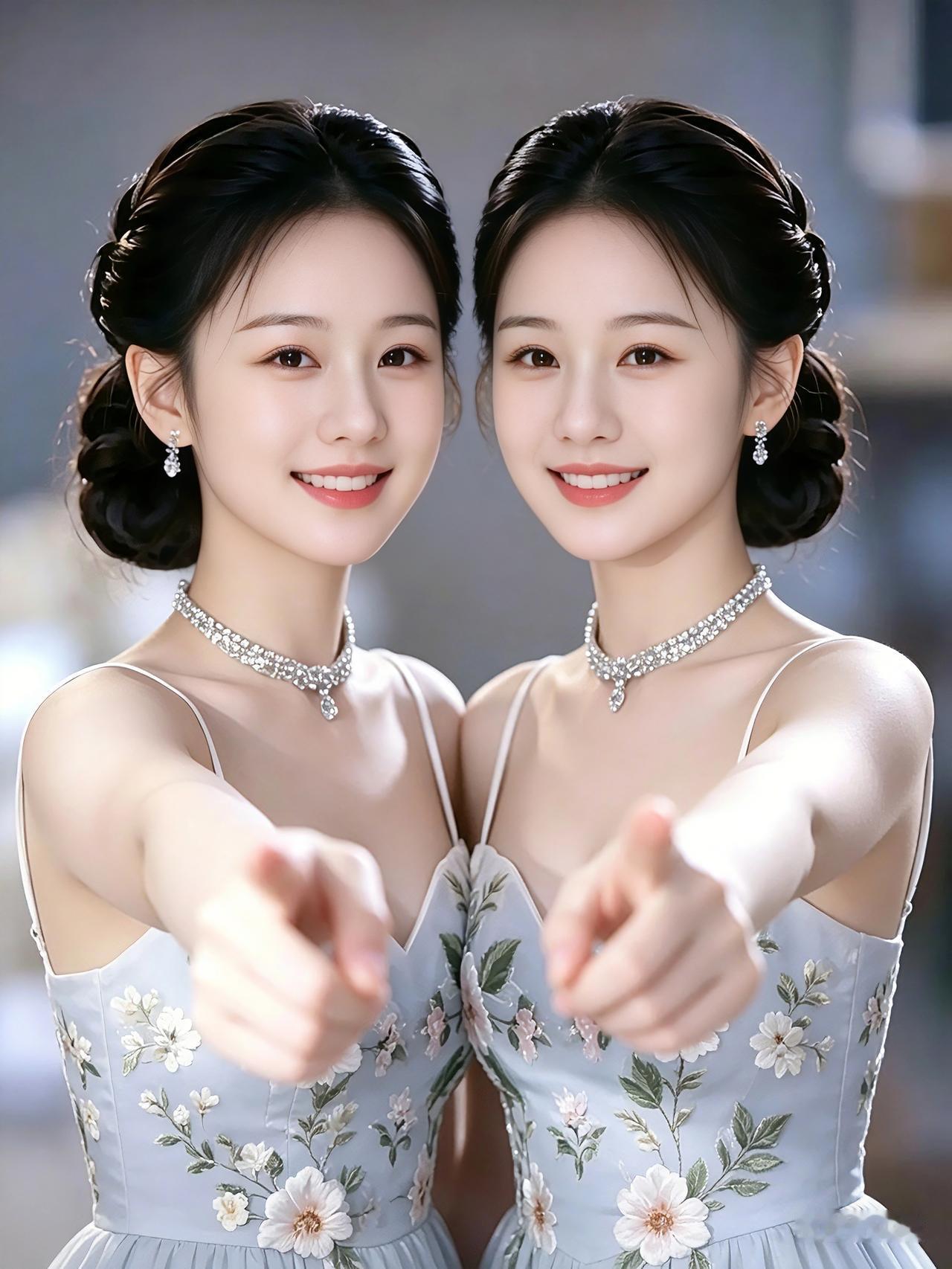 两位姑娘的发型全然一致，身着同款浅蓝绣纹礼服，颈间耳畔都配着亮闪的项链与耳饰。