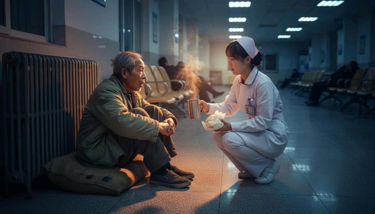 拾荒老人连续5年在医院大厅取暖，护士从没赶过他，护士被调走那天，大爷突然说：跟我